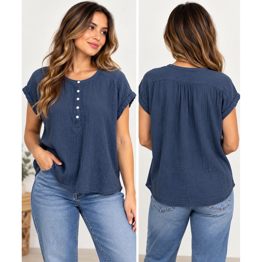 Quince Organic Cotton Double Gauze Henley Short Sleeve Blouse Blue Medium